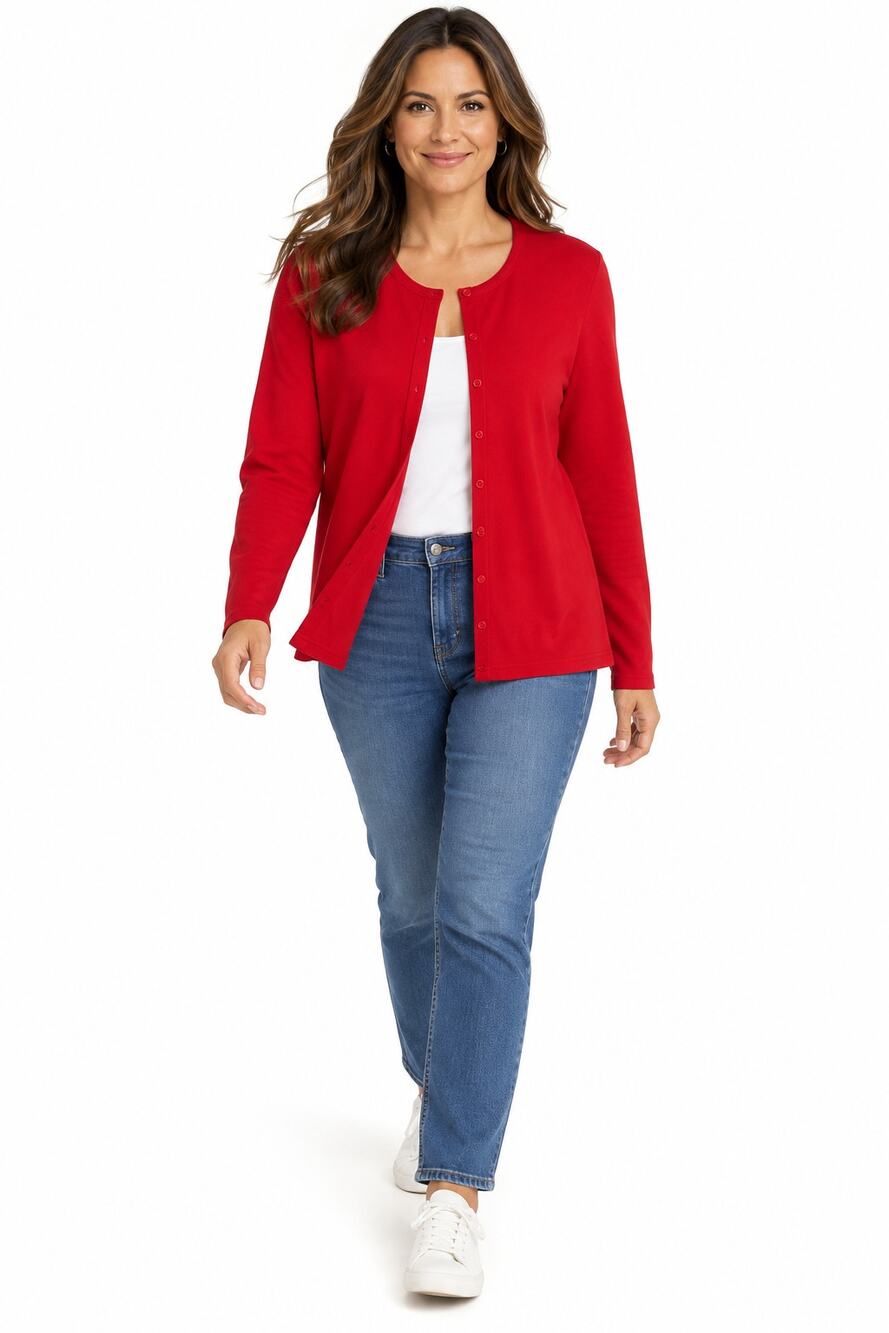 W151 Mountain Lake Large Red Button Front Cardigan Long Sleeve Cotton Blend